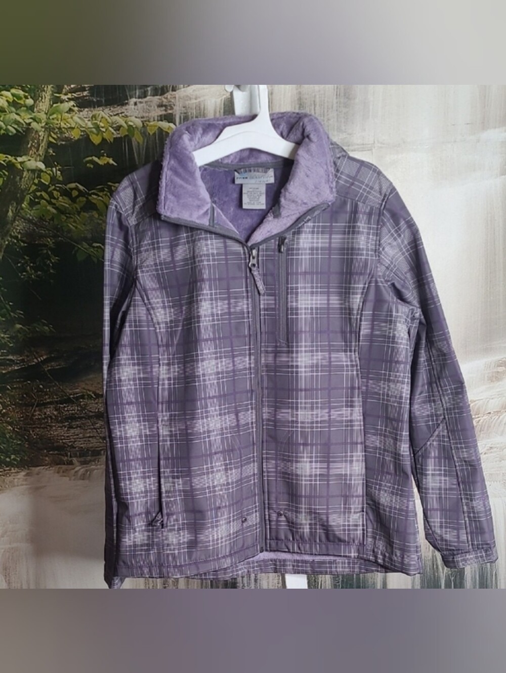 Free Country Womens Medium Purple Gray Plaid Winter Jacket Faux Fur Lining Hood